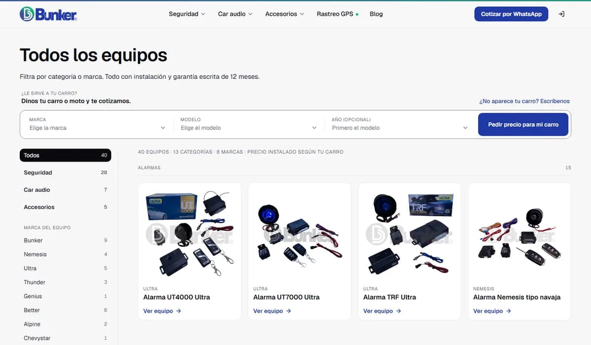 Catálogo de equipos de Bunker filtrado por categoría y marca
