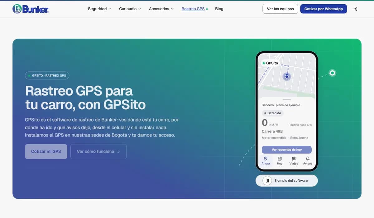 Página de GPSito, el software de rastreo GPS de Bunker