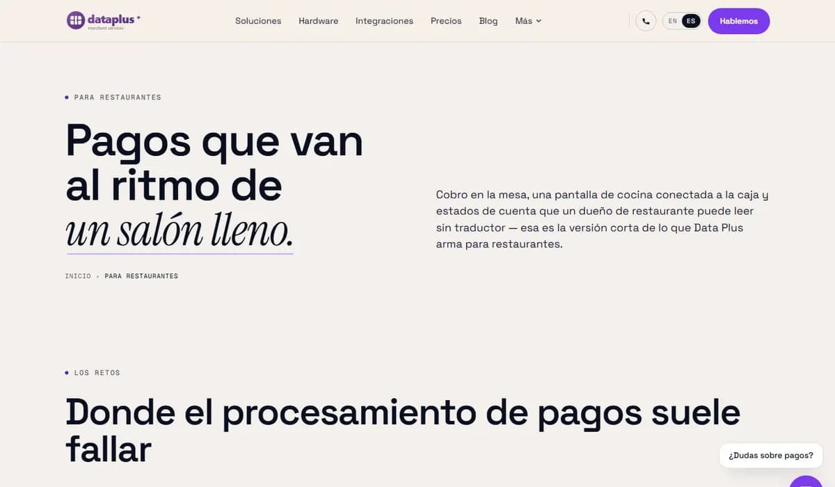 Página de Data Plus para restaurantes, en español