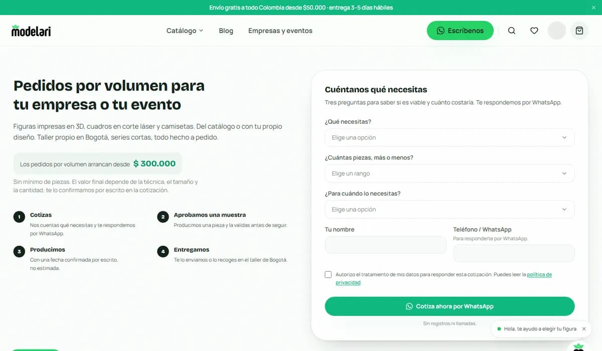 Página de pedidos por volumen de Modelari con su formulario de cotización