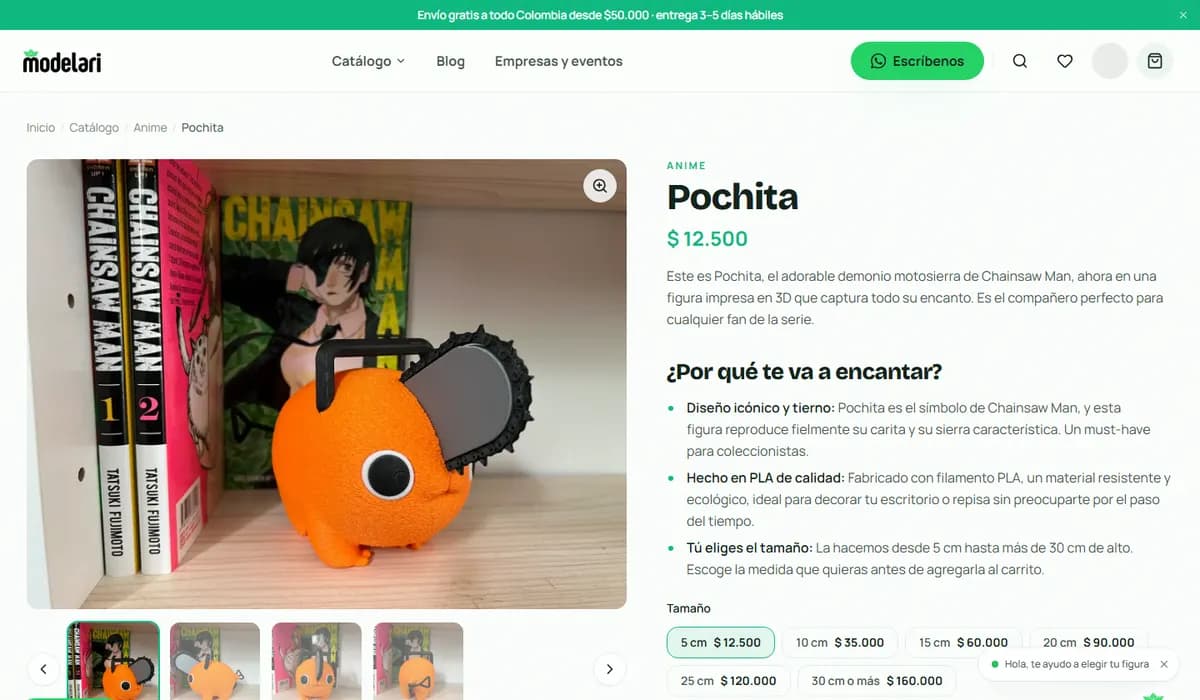 Página de una figura en Modelari con su galería y los tamaños con precio